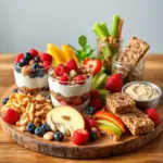 A vibrant, realistic image of a variety of healthy snacks arranged on a wooden board, featuring colorful fruits like berries and sliced apples, crunchy nuts, yogurt parfaits with granola, veggie sticks with hummus, and homemade energy bars. The snacks are presented in a clean, natural setting with soft lighting to highlight the freshness and appeal of each item, evoking a sense of health and wellness