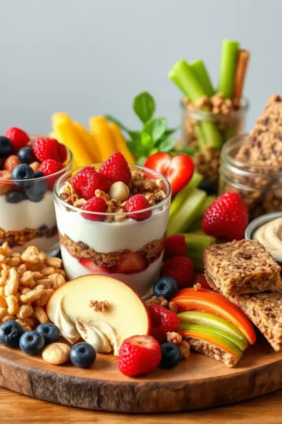 A vibrant, realistic image of a variety of healthy snacks arranged on a wooden board, featuring colorful fruits like berries and sliced apples, crunchy nuts, yogurt parfaits with granola, veggie sticks with hummus, and homemade energy bars. The snacks are presented in a clean, natural setting with soft lighting to highlight the freshness and appeal of each item, evoking a sense of health and wellness